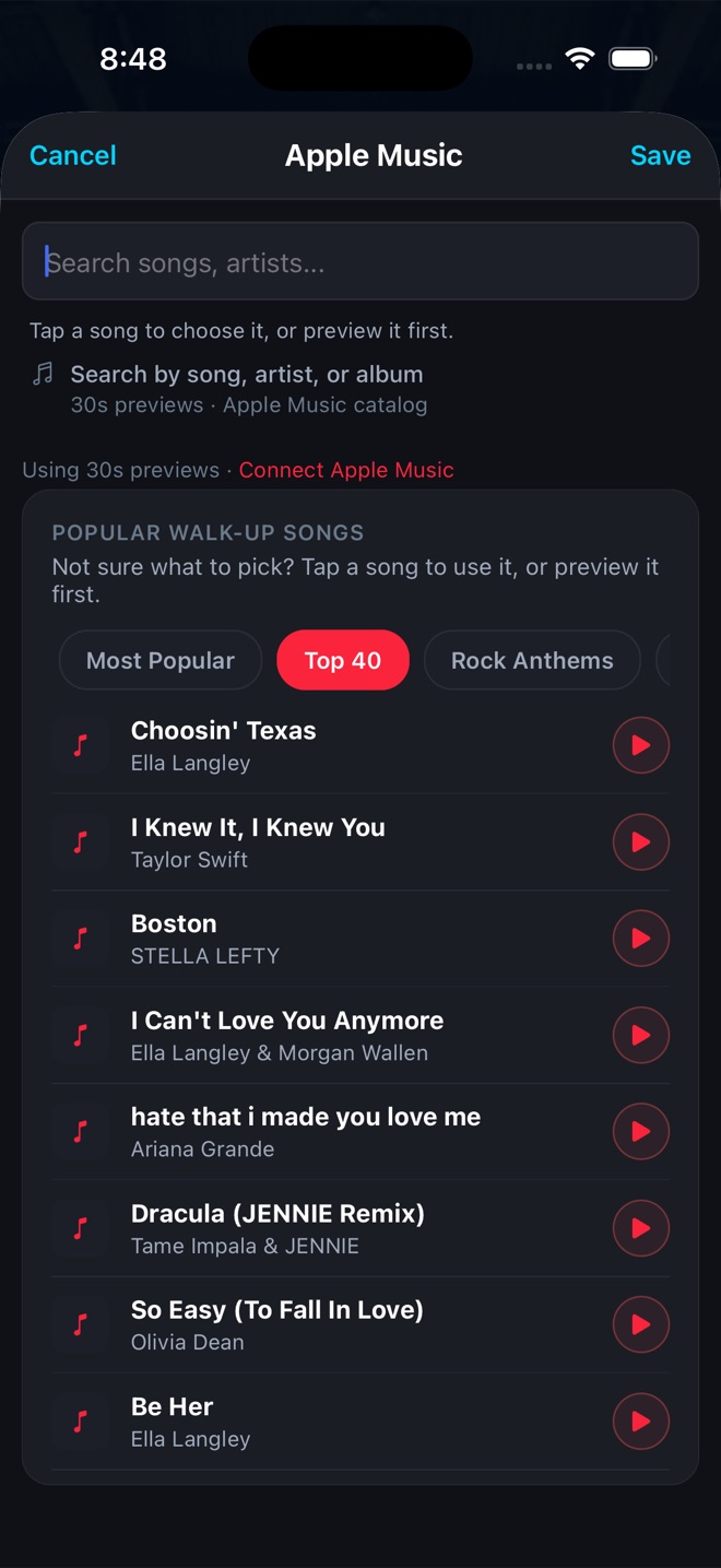 WalkAmp Apple Music search with popular walk-up song lists