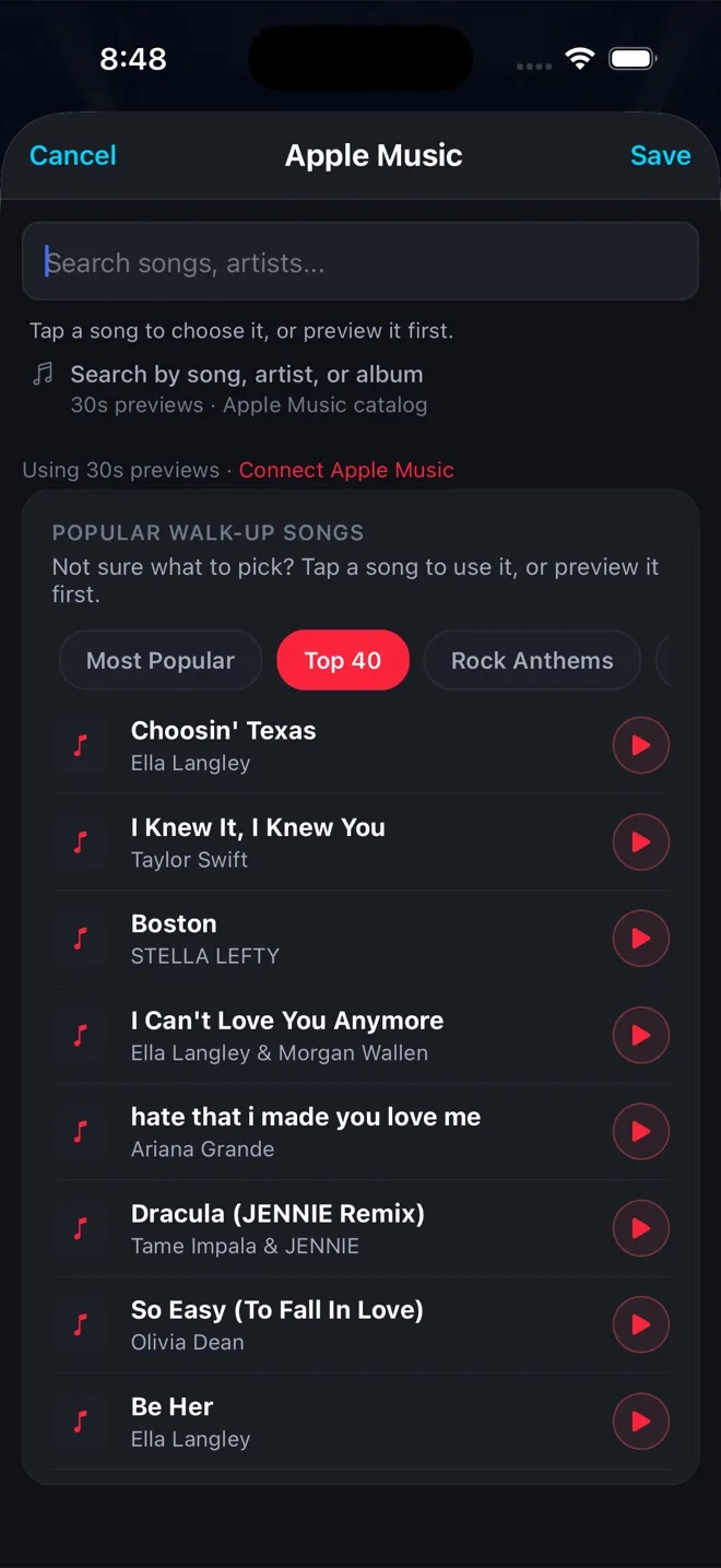 WalkAmp Apple Music search with popular walk-up song lists