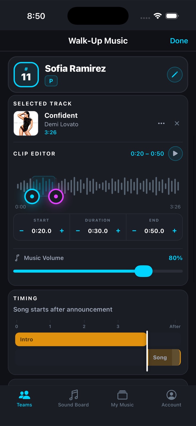WalkAmp clip editor and announcement timing