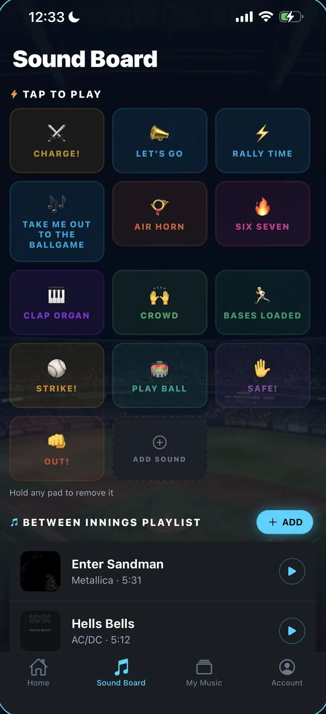 WalkAmp Sound Board with stadium cues and the between-innings playlist