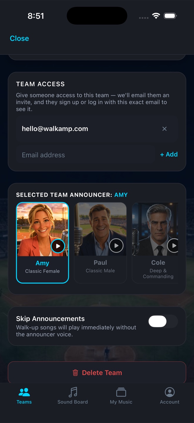 WalkAmp team settings with color, staff, and team access