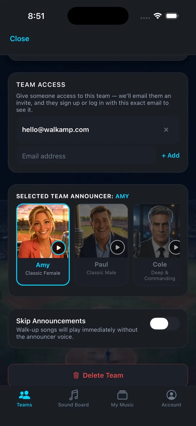 WalkAmp team settings with color, staff, and team access