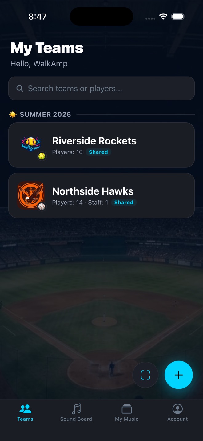 My Teams screen in WalkAmp